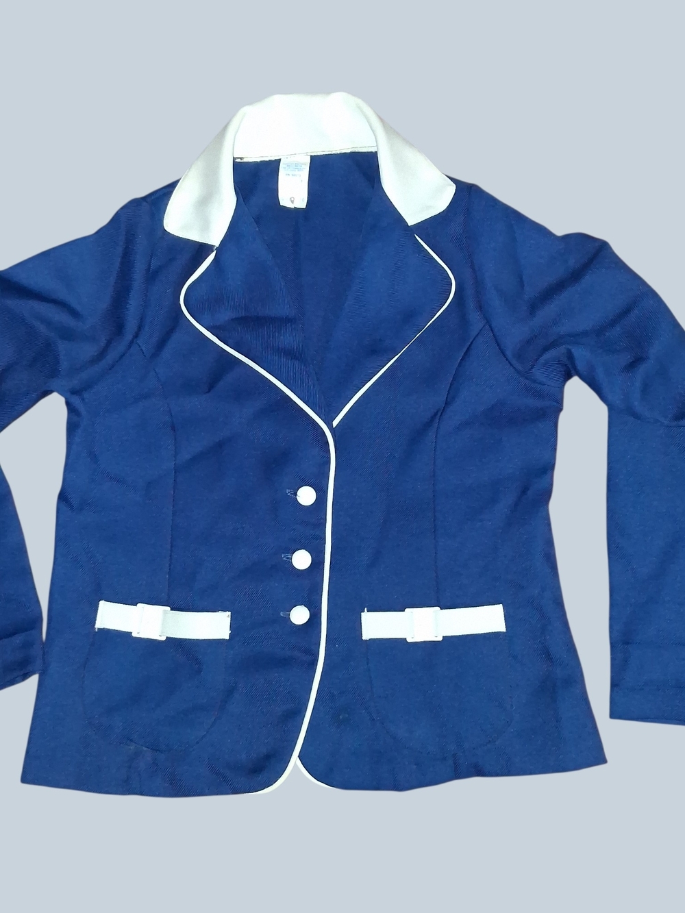 70s Royal Blue & White Dagger Collar Poly Knit Blazer Vintage Cottagecore